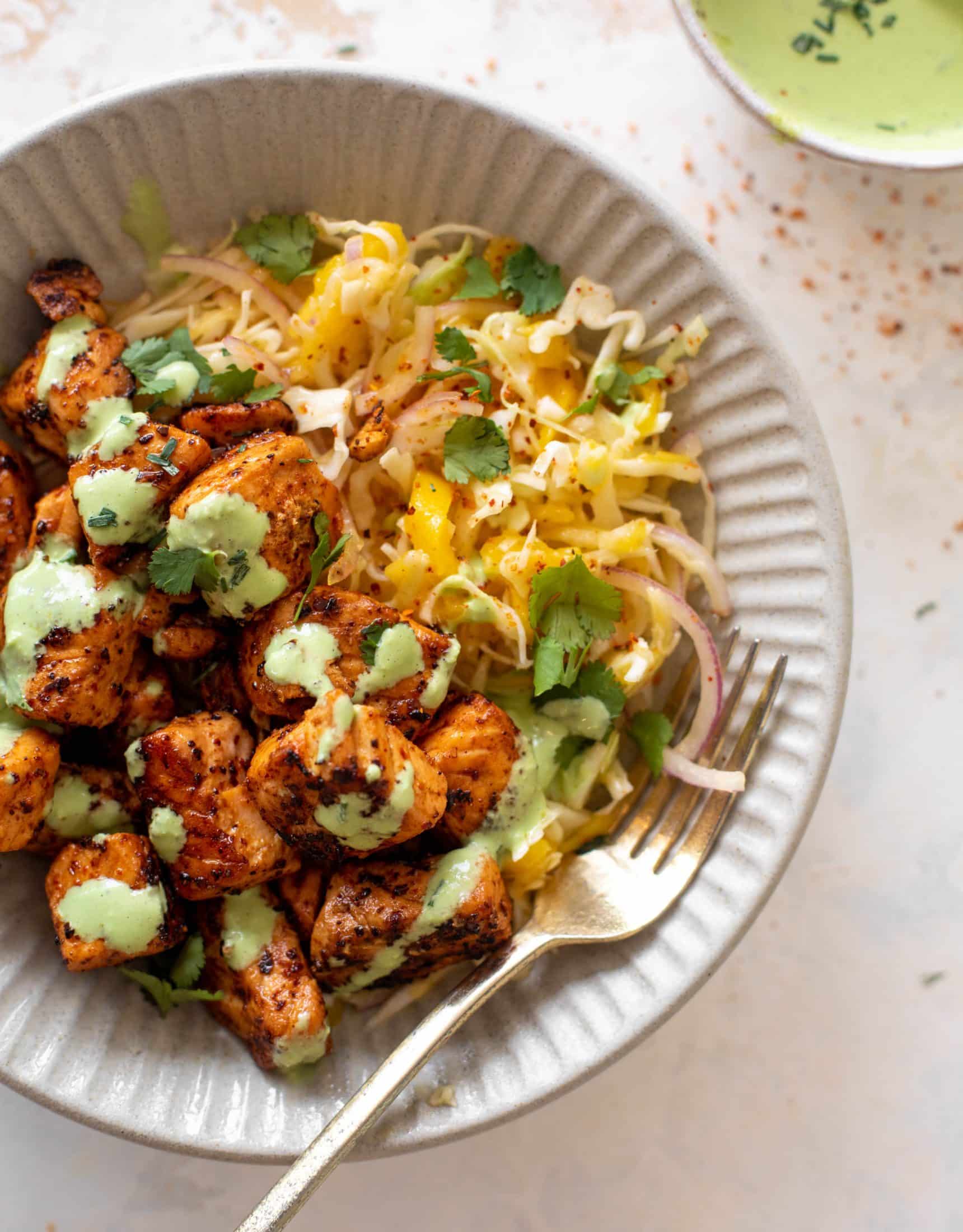 chili lime salmon bites with mango slaw