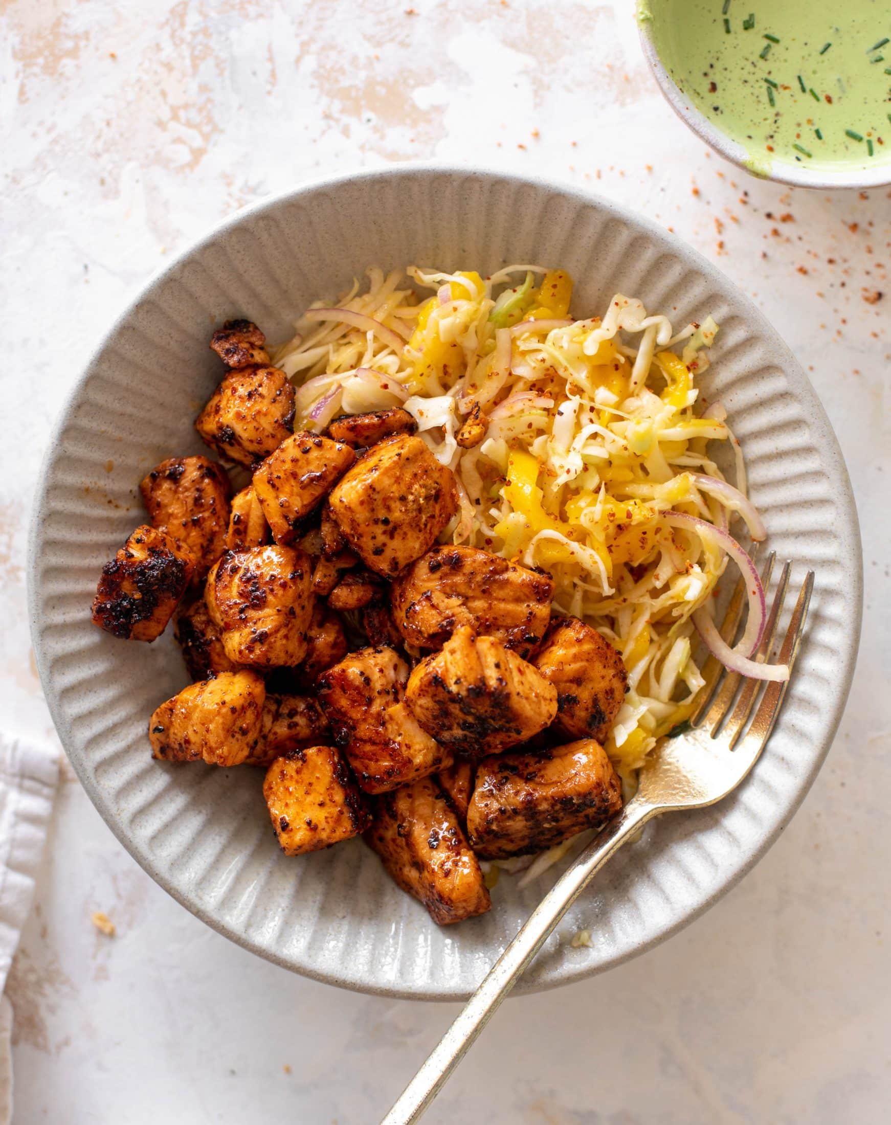 chili lime salmon bites with mango slaw