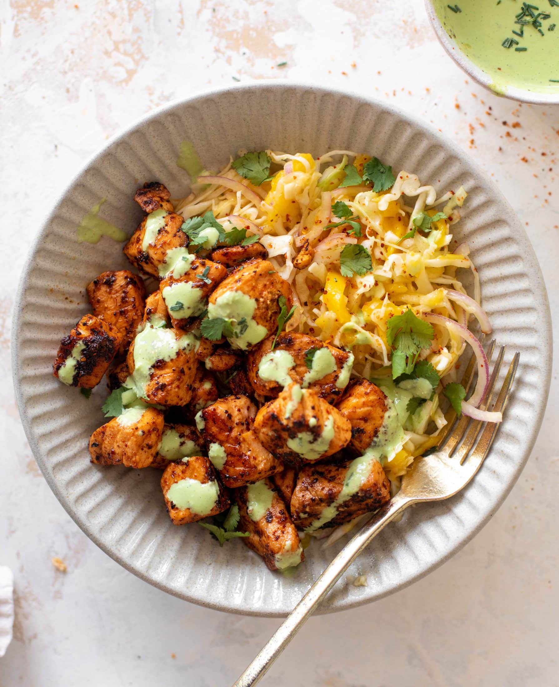 chili lime salmon bites with mango slaw