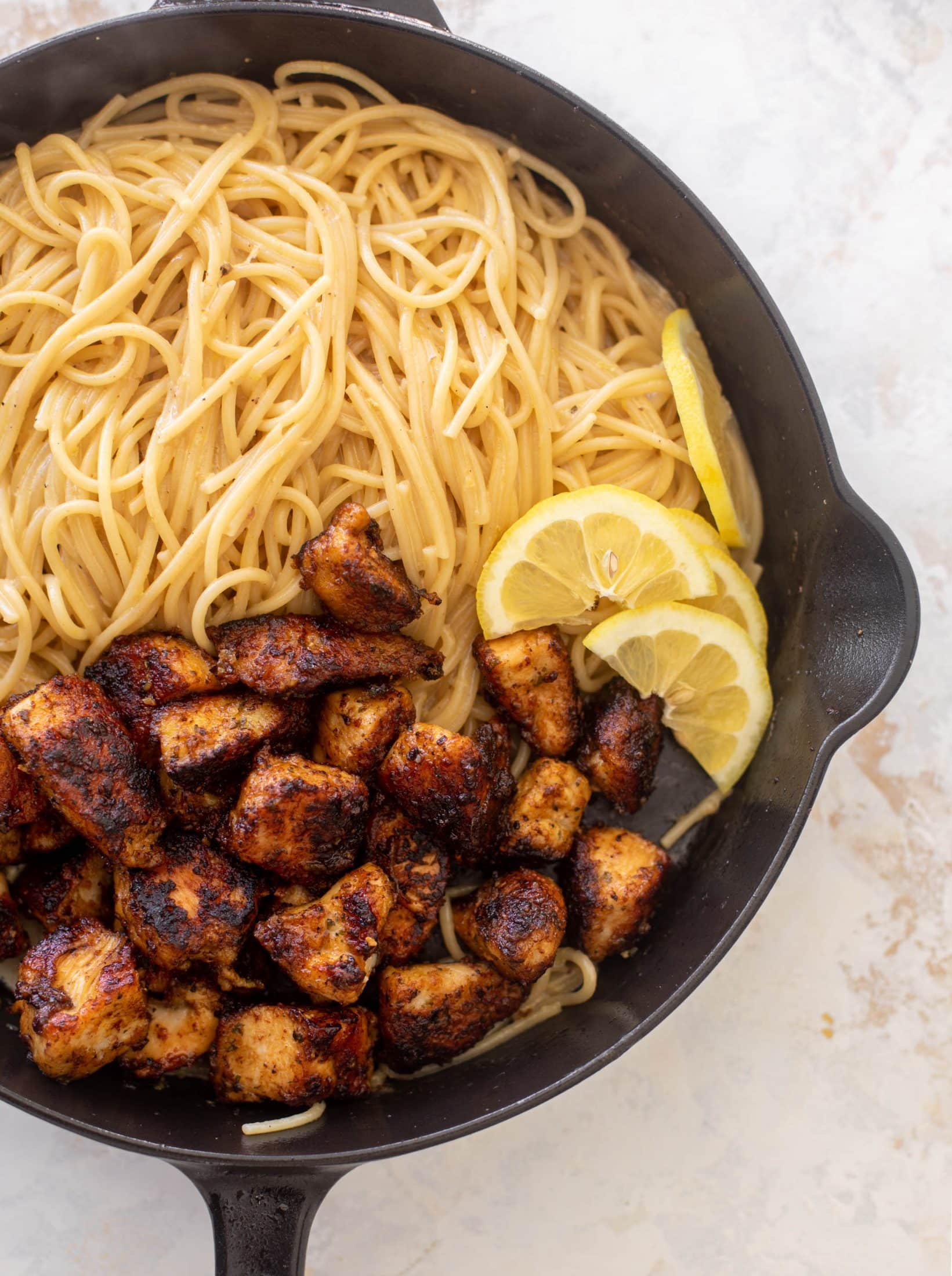 crispy lemon chicken bites and spaghetti