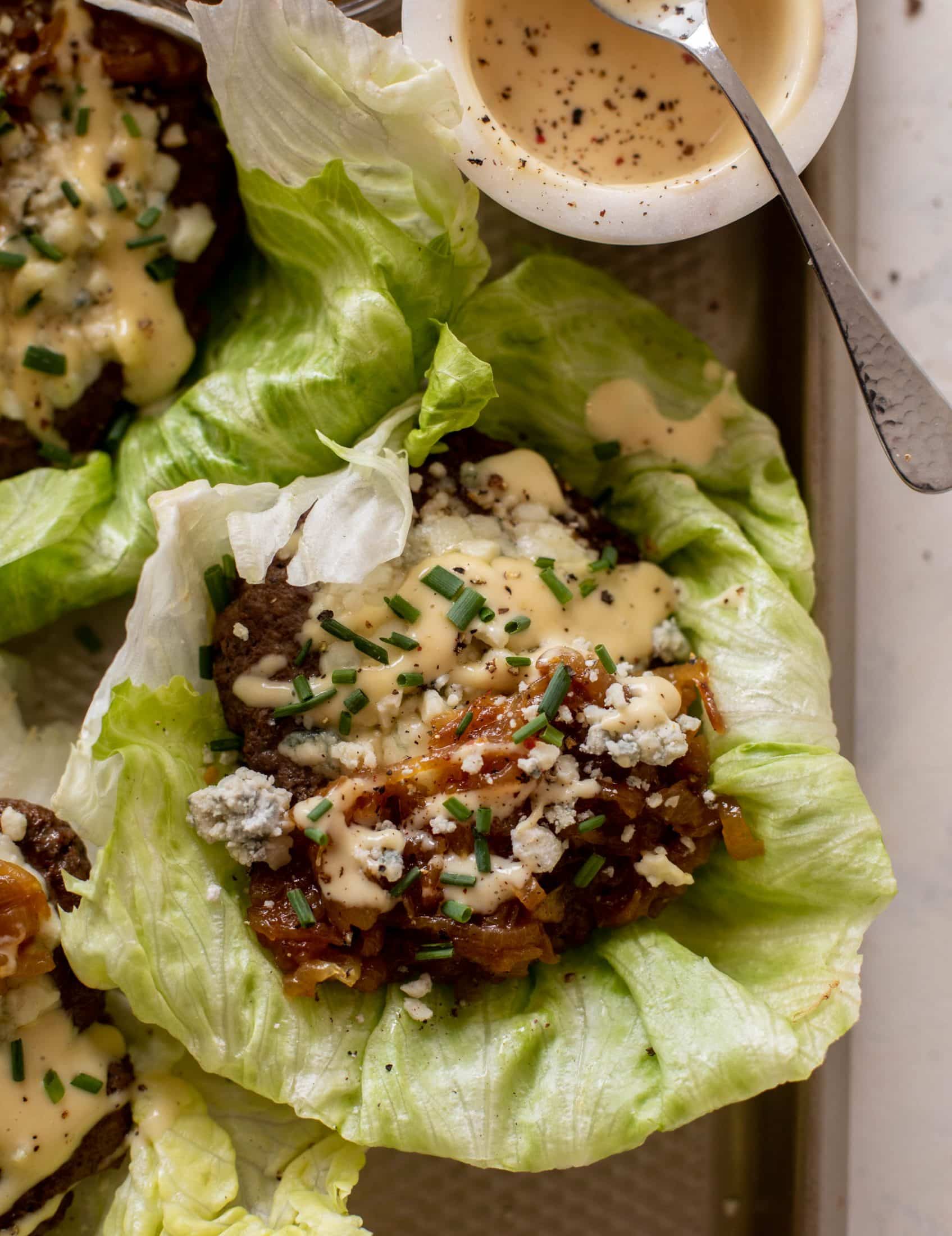 lettuce wrap burgers with caramelized onions