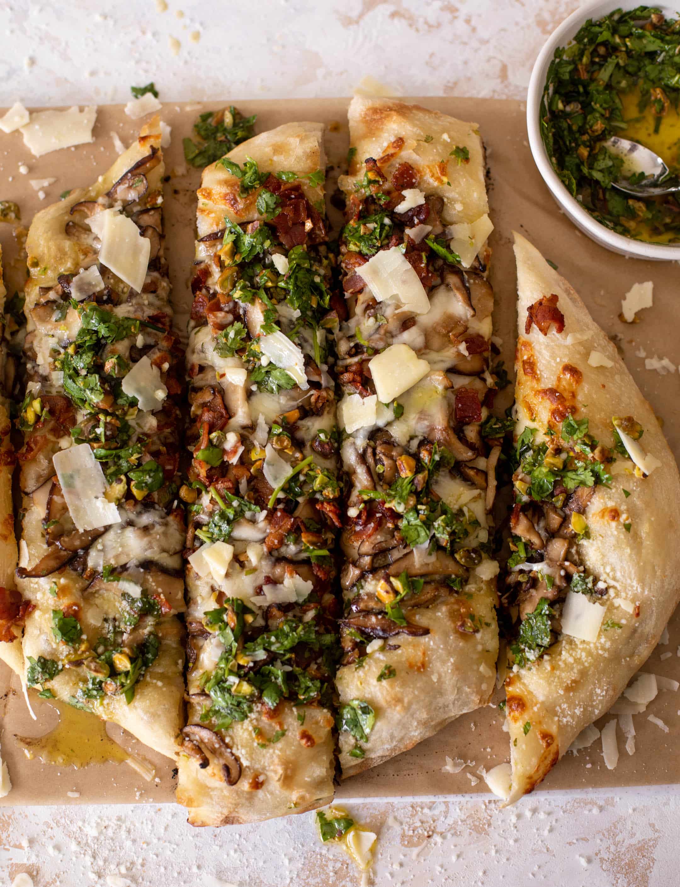 summer mushroom pizza with pistachio vinaigrette