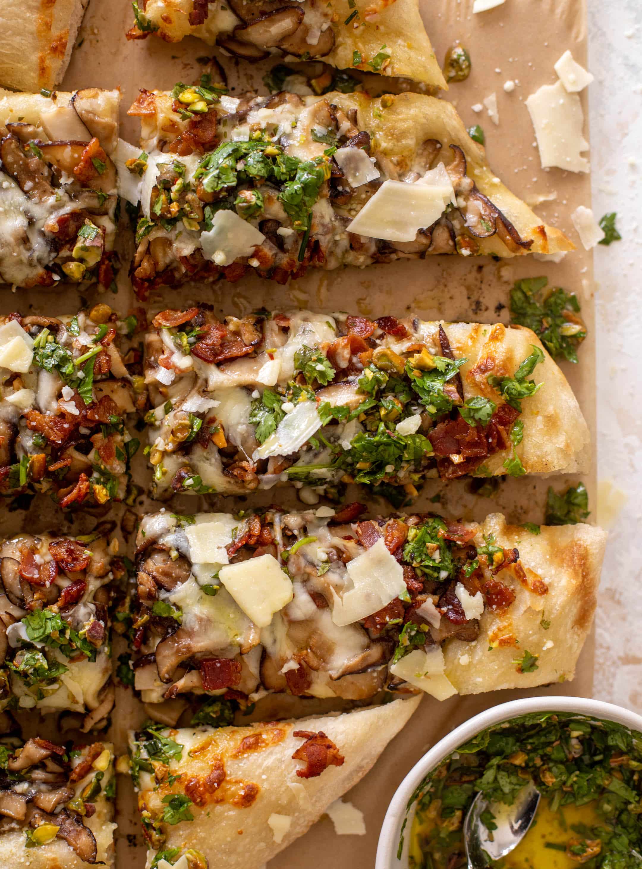 summer mushroom pizza with pistachio vinaigrette
