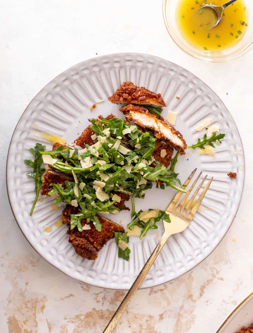 pretzel crusted chicken with honey mustard arugula