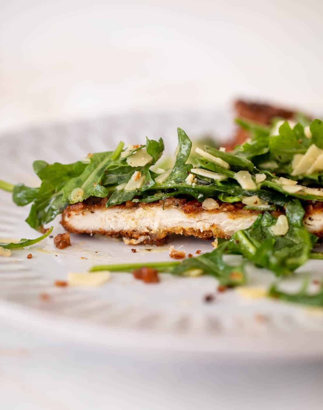 pretzel crusted chicken with honey mustard arugula