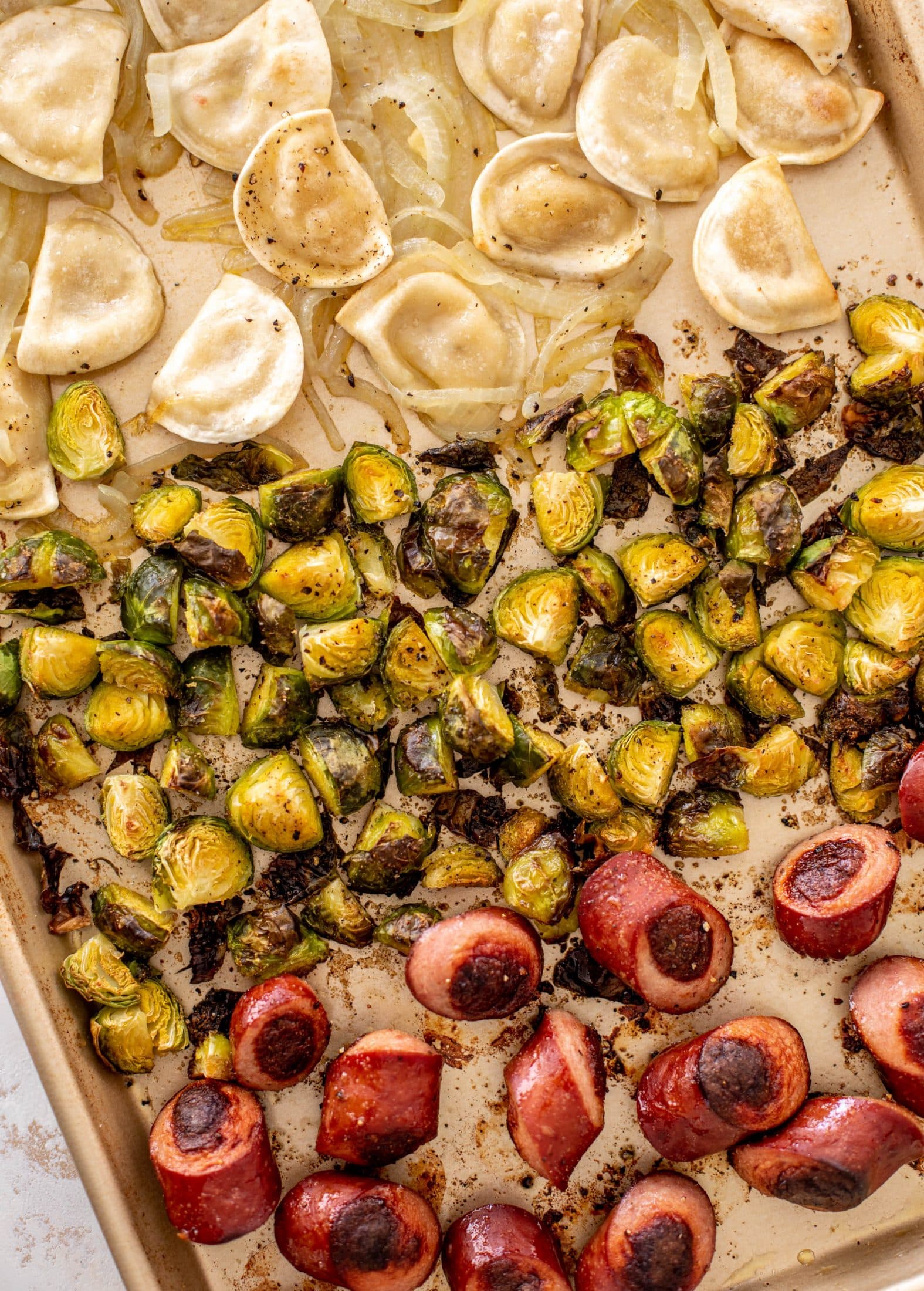 sheet pan pierogi, smoked sausage and brussels sprouts