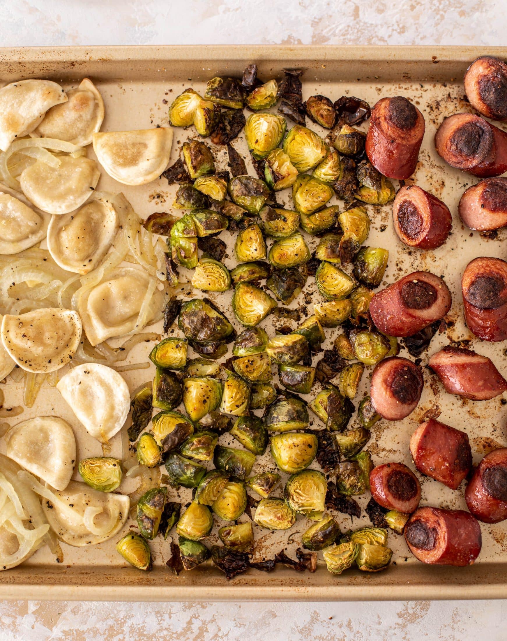 sheet pan pierogi, smoked sausage and brussels sprouts